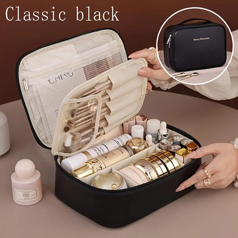 Large Capacity Makeup Organizer – Travel Cosmetic Bag with Brush Slot & Multi-Compartments, Beige/Black