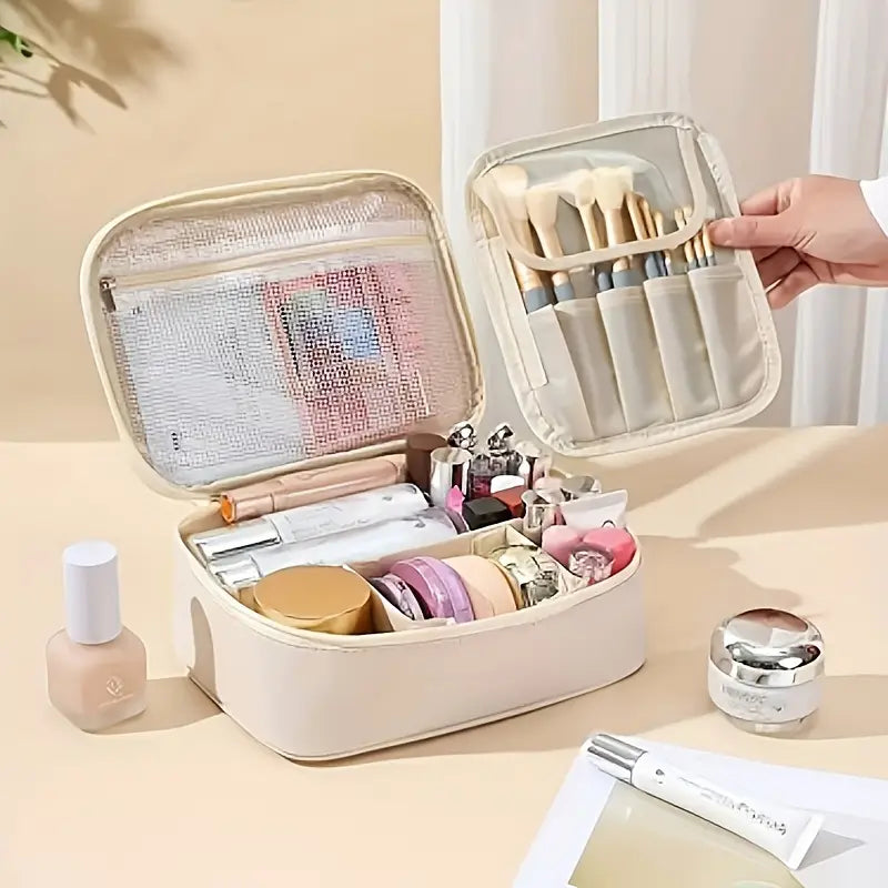 Large Capacity Makeup Organizer – Travel Cosmetic Bag with Brush Slot & Multi-Compartments, Beige/Black