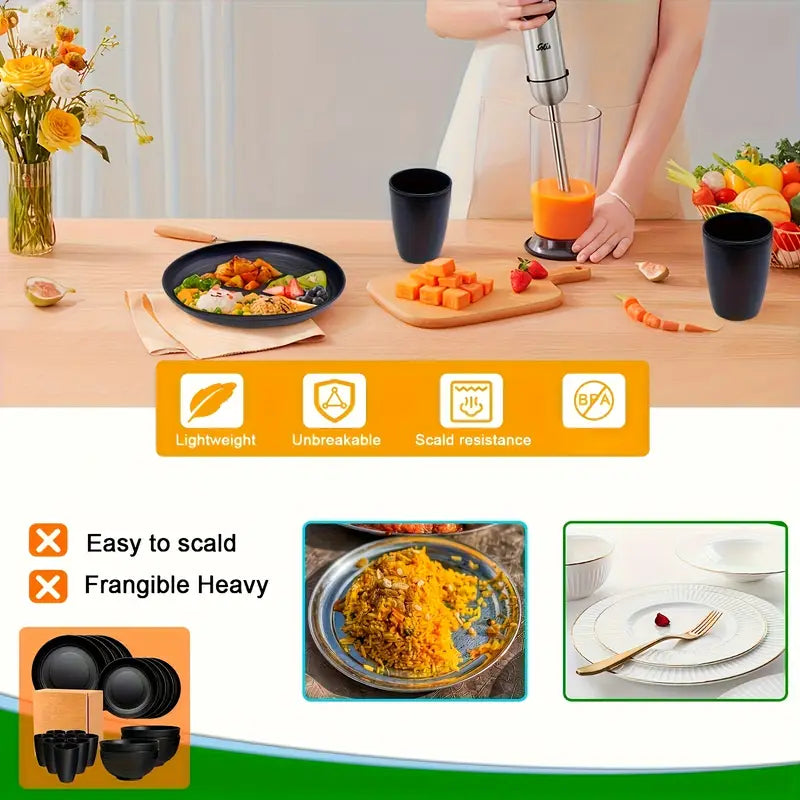 16pcs Unbreakable Dinnerware Set – Plates, Bowls & Cups, Reusable, Microwave & Dishwasher Safe