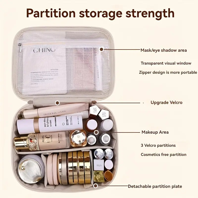 Large Capacity Makeup Organizer – Travel Cosmetic Bag with Brush Slot & Multi-Compartments, Beige/Black