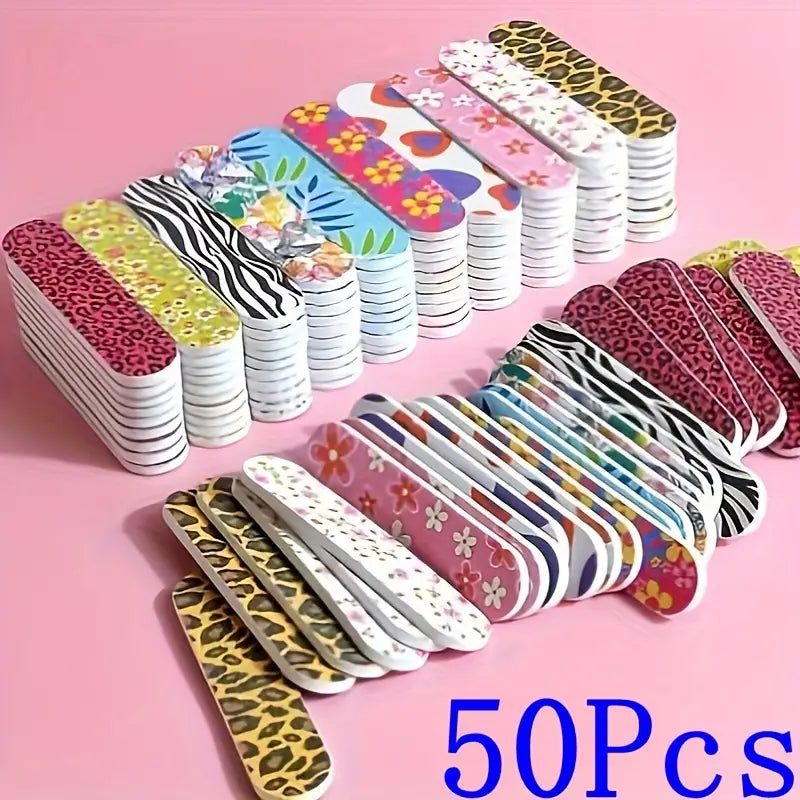 50pcs Colorful Nail Files – Double-Sided Emery Boards with Floral, Leopard & Rainbow Designs for Manicure & Pedicure