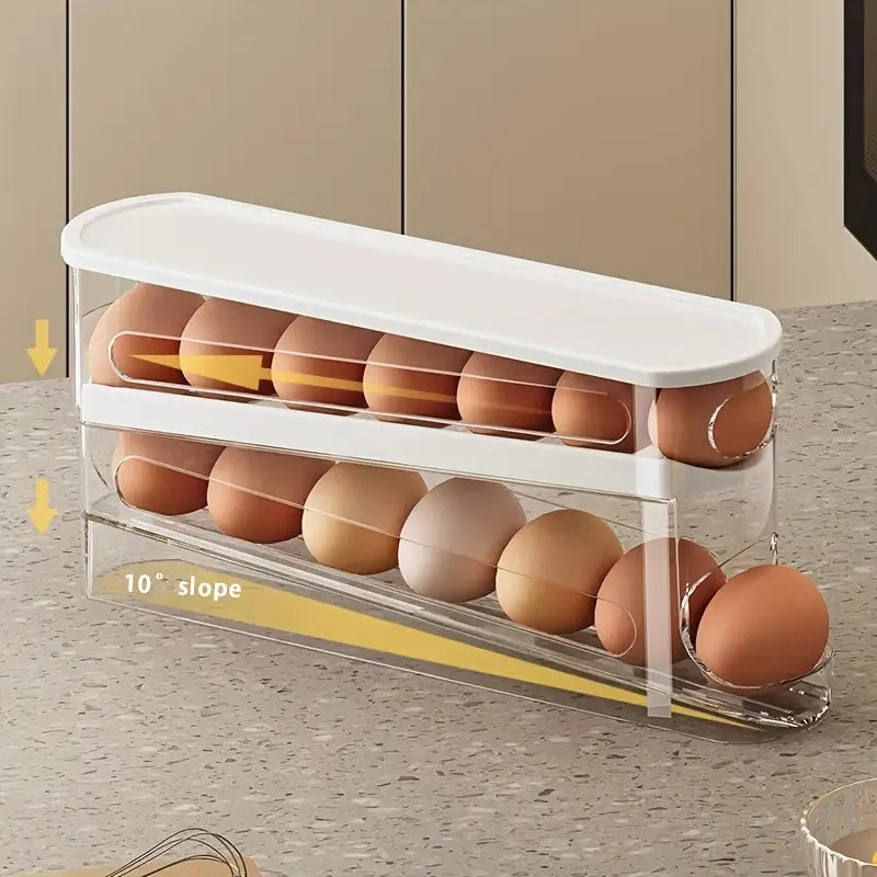 Rolling Egg Storage Box – Double-Layer, Stackable, Space-Saving Fridge Organizer