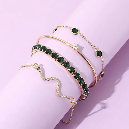 4pcs Green Gemstone Bangle Set – Elegant Rhinestone Snake Chain Bracelets for Women
