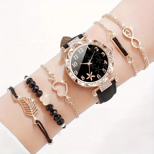 6pcs Women’s Watch Set – Casual Quartz Watches with Leather Straps & Bracelets, Perfect Gift for Mother