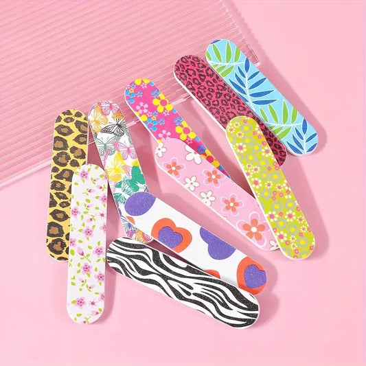 50pcs Colorful Nail Files – Double-Sided Emery Boards with Floral, Leopard & Rainbow Designs for Manicure & Pedicure