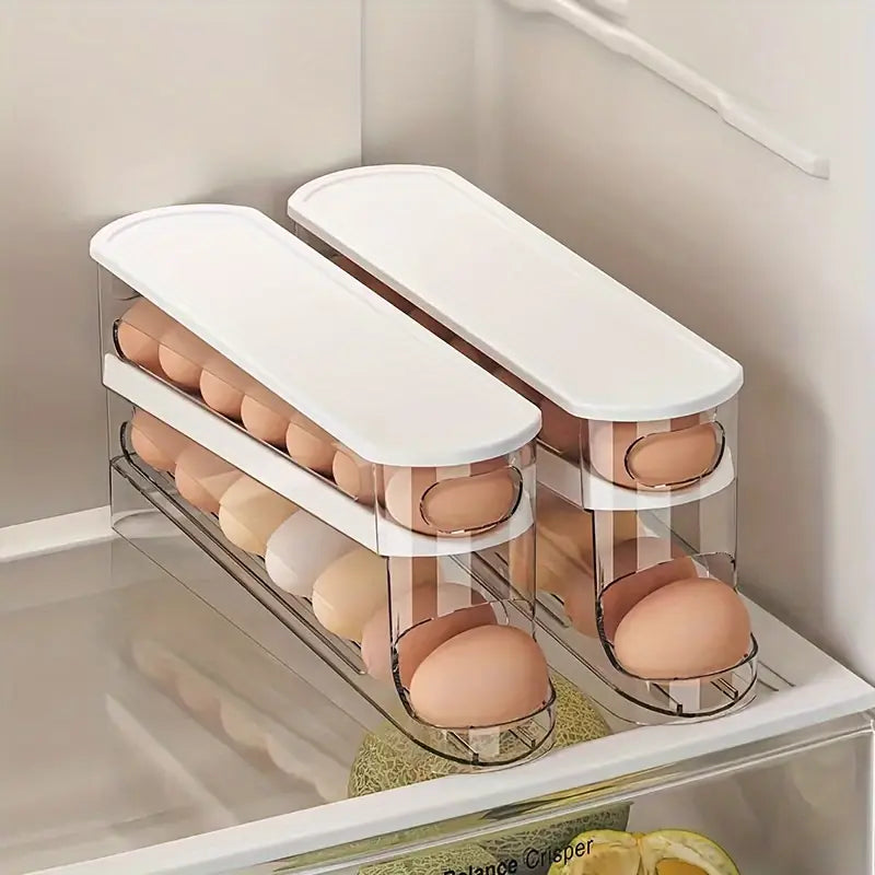 Rolling Egg Storage Box – Double-Layer, Stackable, Space-Saving Fridge Organizer