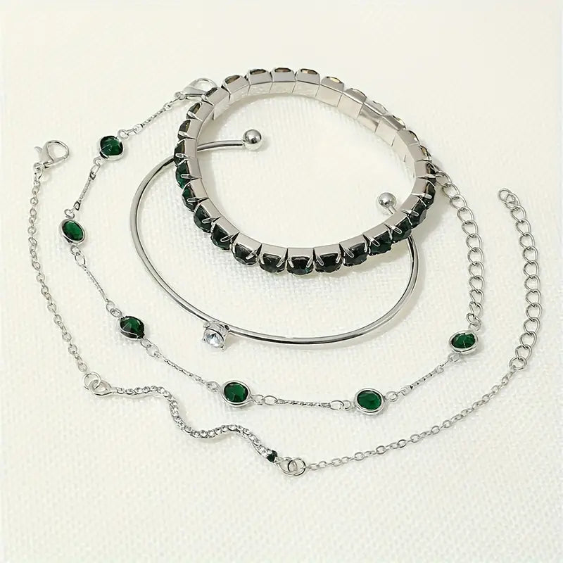 4pcs Green Gemstone Bangle Set – Elegant Rhinestone Snake Chain Bracelets for Women