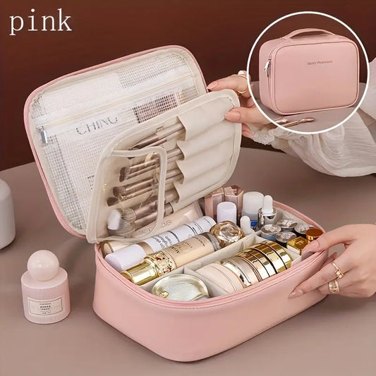 Large Capacity Makeup Organizer – Travel Cosmetic Bag with Brush Slot & Multi-Compartments, Beige/Black