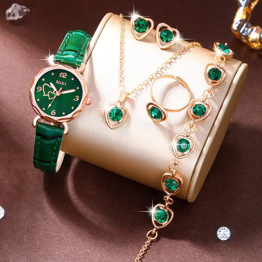 6pcs Ladies Fashion Watch & Jewelry Set – Quartz Watch with Necklace, Earrings, Bracelet & Rings, Perfect Gift