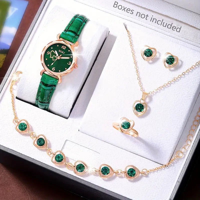 6pcs Ladies Fashion Watch & Jewelry Set – Quartz Watch with Necklace, Earrings, Bracelet & Rings, Perfect Gift