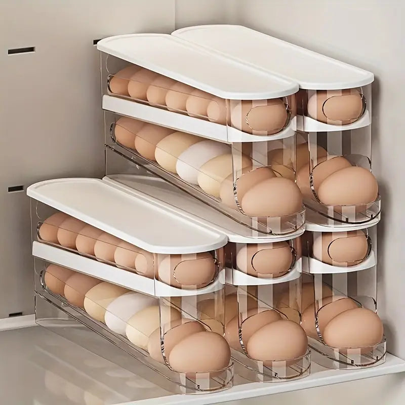 Rolling Egg Storage Box – Double-Layer, Stackable, Space-Saving Fridge Organizer