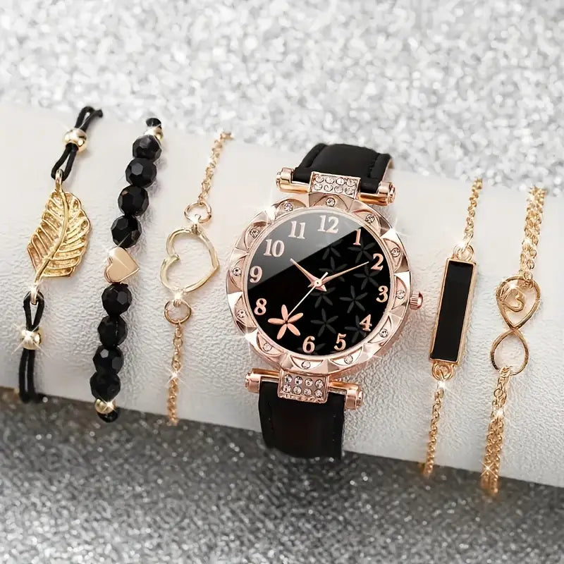 6pcs Women’s Watch Set – Casual Quartz Watches with Leather Straps & Bracelets, Perfect Gift for Mother