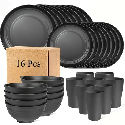 16pcs Unbreakable Dinnerware Set – Plates, Bowls & Cups, Reusable, Microwave & Dishwasher Safe