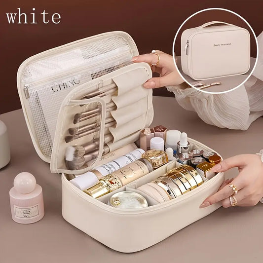 Large Capacity Makeup Organizer – Travel Cosmetic Bag with Brush Slot & Multi-Compartments, Beige/Black