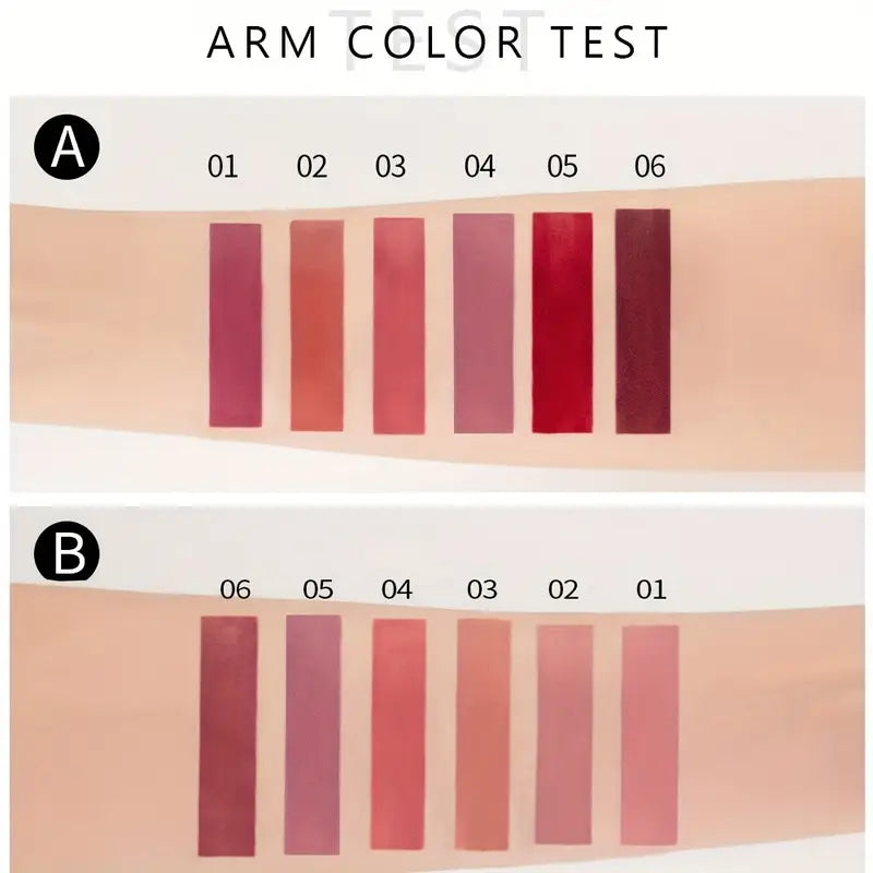 6pcs Matte Liquid Lipstick Set – Long-Lasting, Waterproof & Smudge-Proof in Pink, Purple & Red Shades