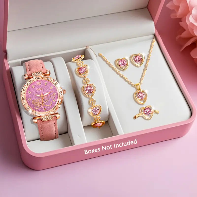 6pcs Ladies Fashion Watch & Jewelry Set – Quartz Watch with Necklace, Earrings, Bracelet & Rings, Perfect Gift