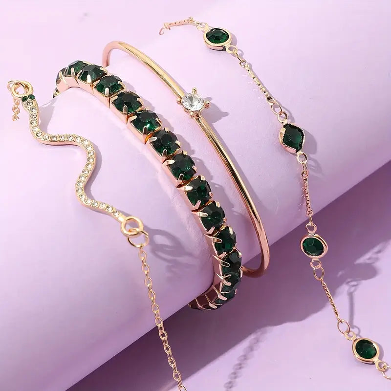 4pcs Green Gemstone Bangle Set – Elegant Rhinestone Snake Chain Bracelets for Women