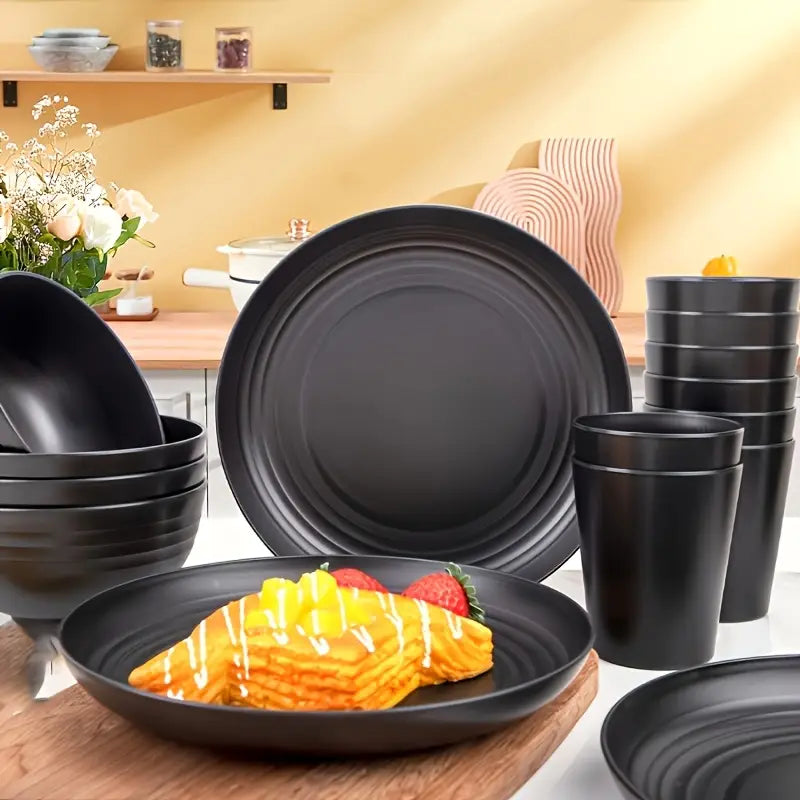 16pcs Unbreakable Dinnerware Set – Plates, Bowls & Cups, Reusable, Microwave & Dishwasher Safe
