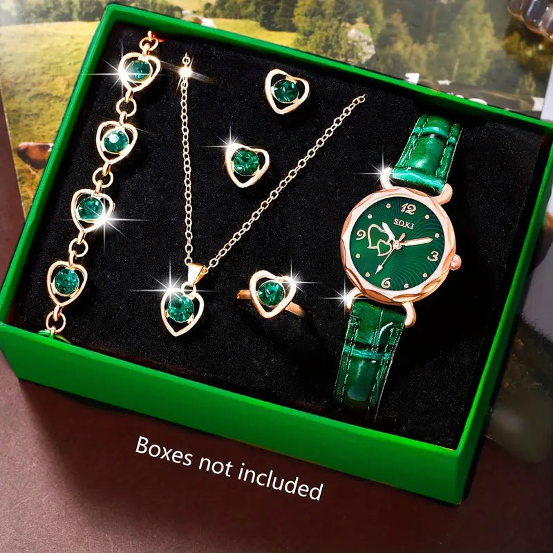 6pcs Ladies Fashion Watch & Jewelry Set – Quartz Watch with Necklace, Earrings, Bracelet & Rings, Perfect Gift