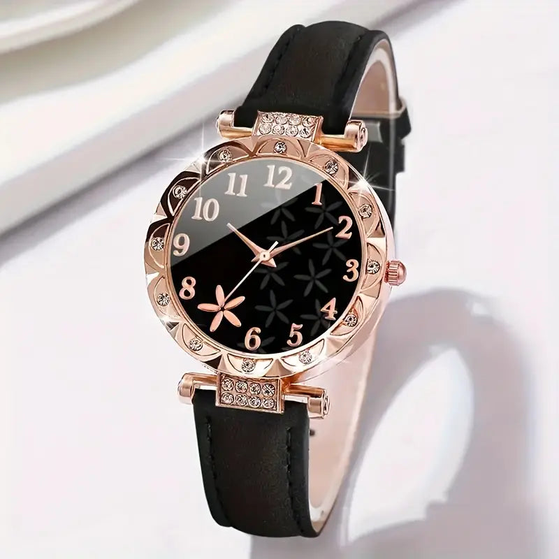 6pcs Women’s Watch Set – Casual Quartz Watches with Leather Straps & Bracelets, Perfect Gift for Mother