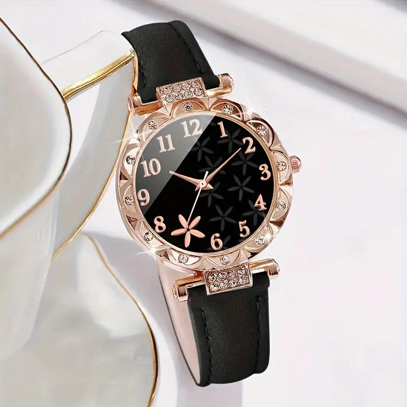 6pcs Women’s Watch Set – Casual Quartz Watches with Leather Straps & Bracelets, Perfect Gift for Mother