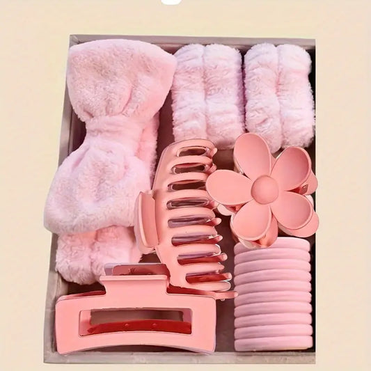 16pcs Coral Fleece Headband & Wristband Set – Plush Bow Hairbands with Flower Clips, All-Season Accessories for Women