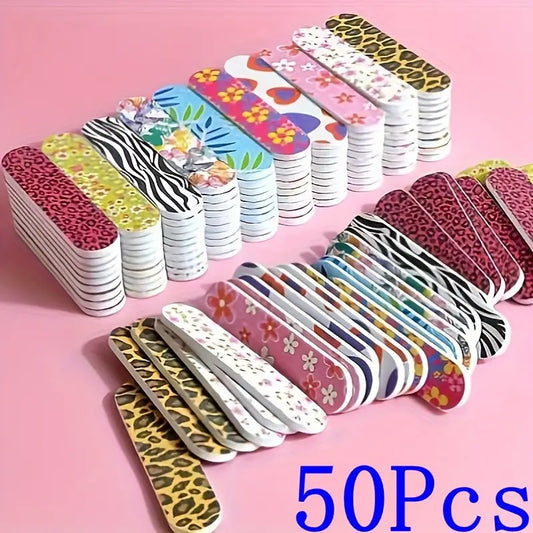 50pcs Colorful Nail Files – Double-Sided Emery Boards with Floral, Leopard & Rainbow Designs for Manicure & Pedicure