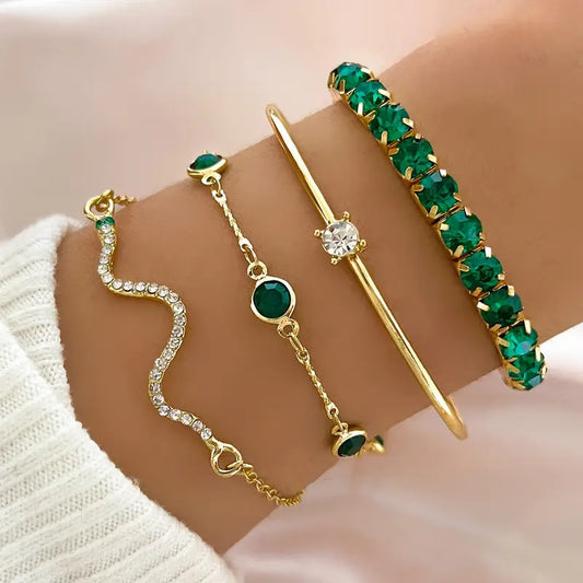 4pcs Green Gemstone Bangle Set – Elegant Rhinestone Snake Chain Bracelets for Women