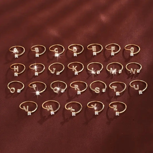 Fashionable Adjustable Ring – 26 English Letters with Four-Prong Synthetic Zirconia