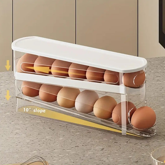 Rolling Egg Storage Box – Double-Layer, Stackable, Space-Saving Fridge Organizer