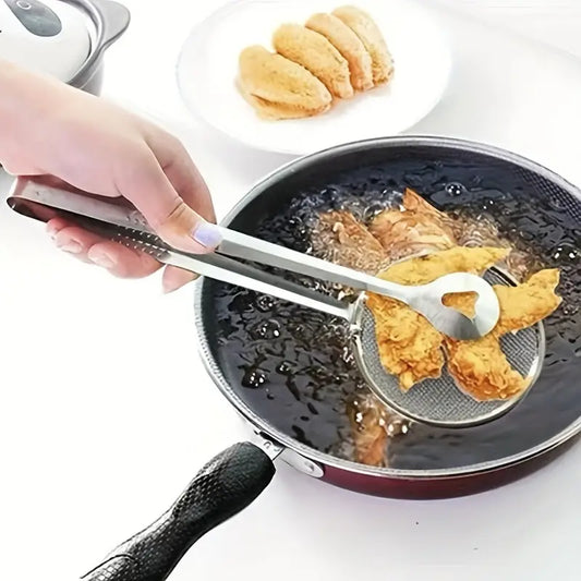1pc Stainless Steel Oil Filter Clamp – Fine Mesh Scoop & Food Tongs for Safe Frying